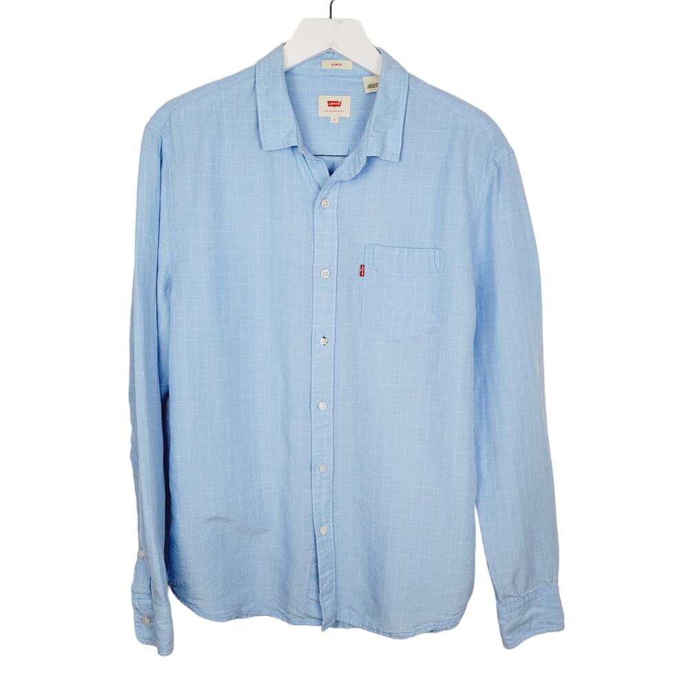 LEVI'S Linen Lyocell Light Blue Windowpane Plaid Slim Fit Button Down Shirt - L
